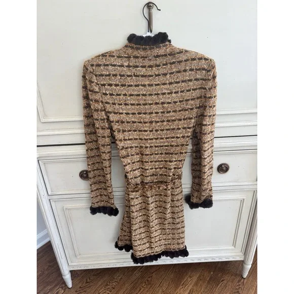St John Sport Knit Long coat jacket multi brown with fur trim belt NWOT Small‎